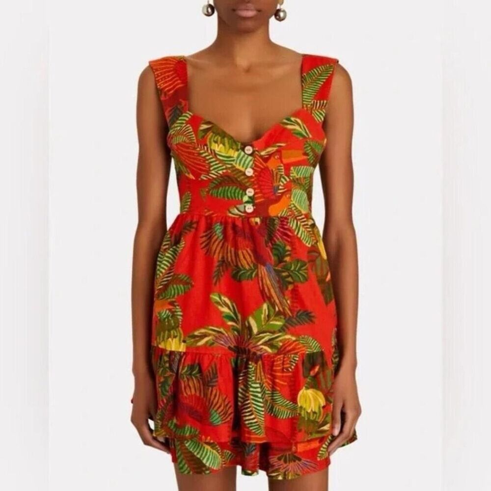 Farm Rio Red Forest Birds Mini Ruffle Summer Spring Dress XS Linen Cute